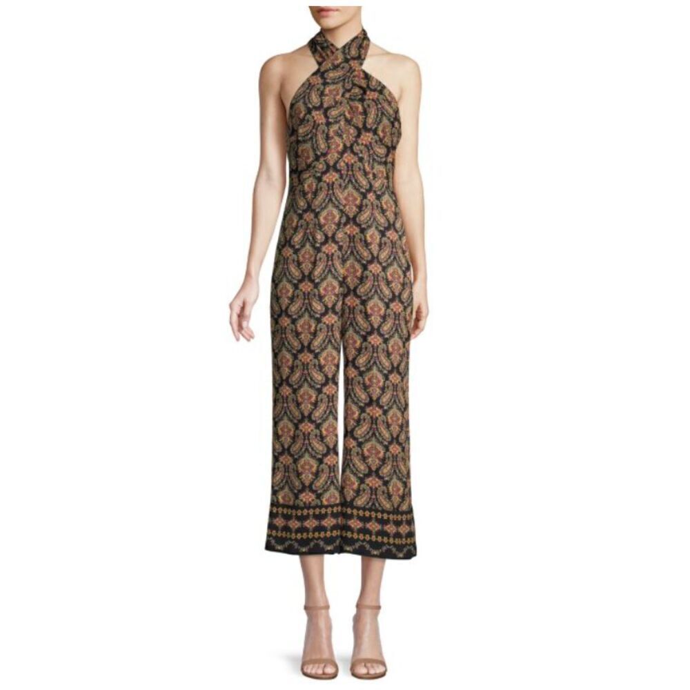 NWT Kobi Halperin Tara Paisley Silk Halter Jumper Black Wide Leg Cross‎ Front 12